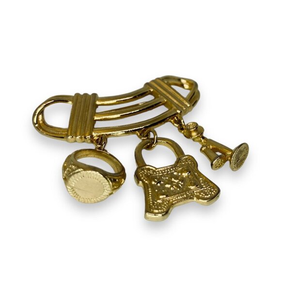 Gold Tone Charm Dangle Brooch w. Ring, Bag, & Telephone Charms - Picture 2 of 4